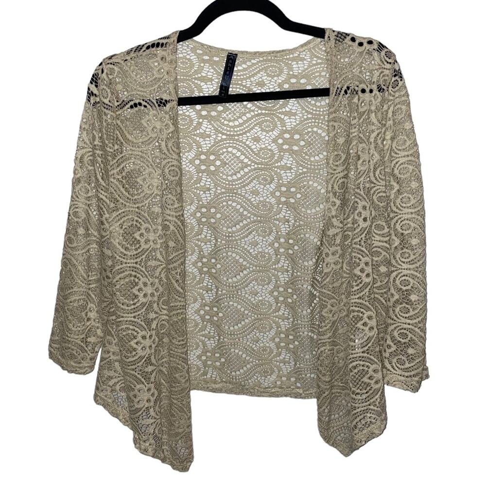 Ashley Blue Taupe Lace Open Front Cardigan Boho‎ Sheer Crochet Size Medium
